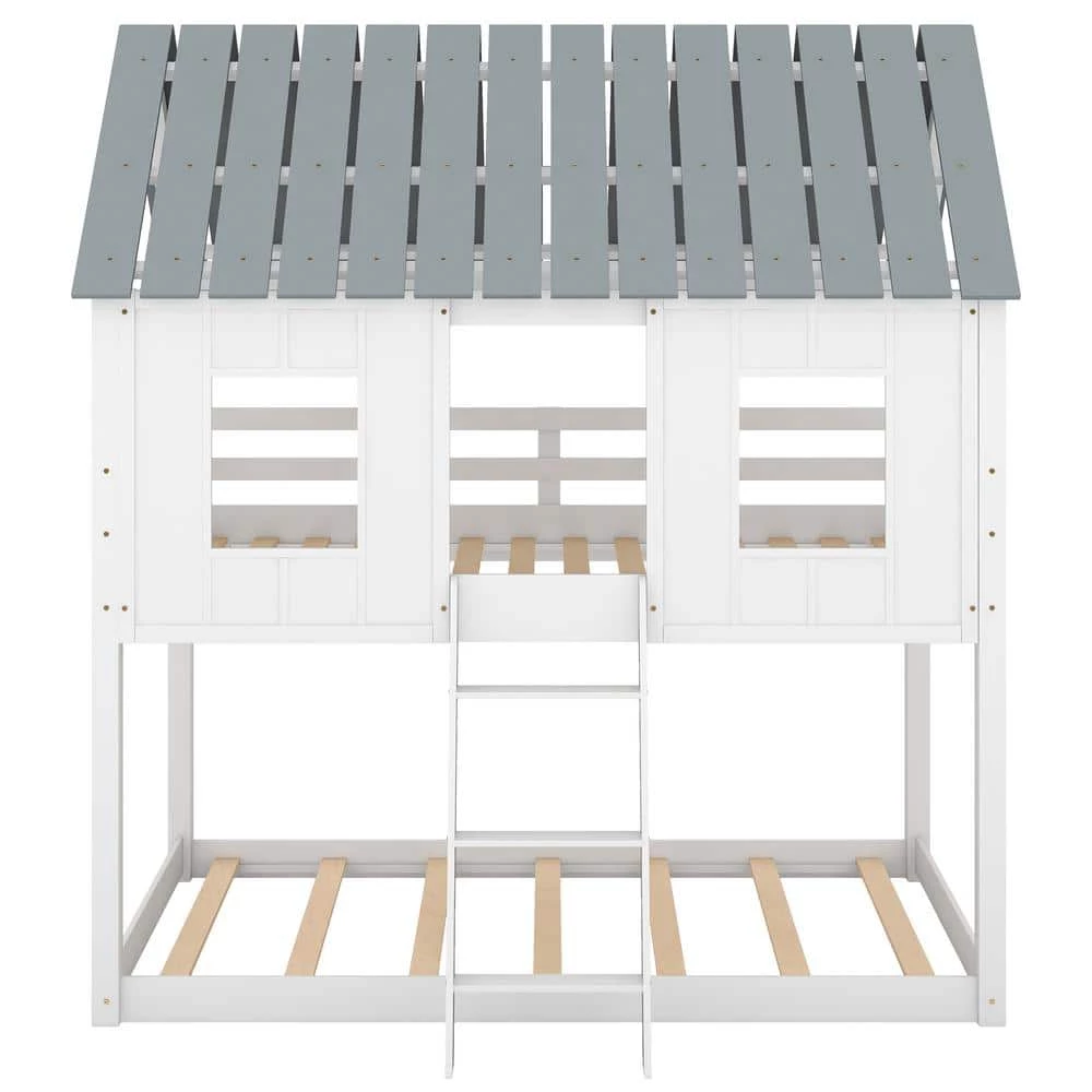 White Twin Size Low Bunk Beds with Roof and Fence-Shaped Guardrail by GODEER - Image 5