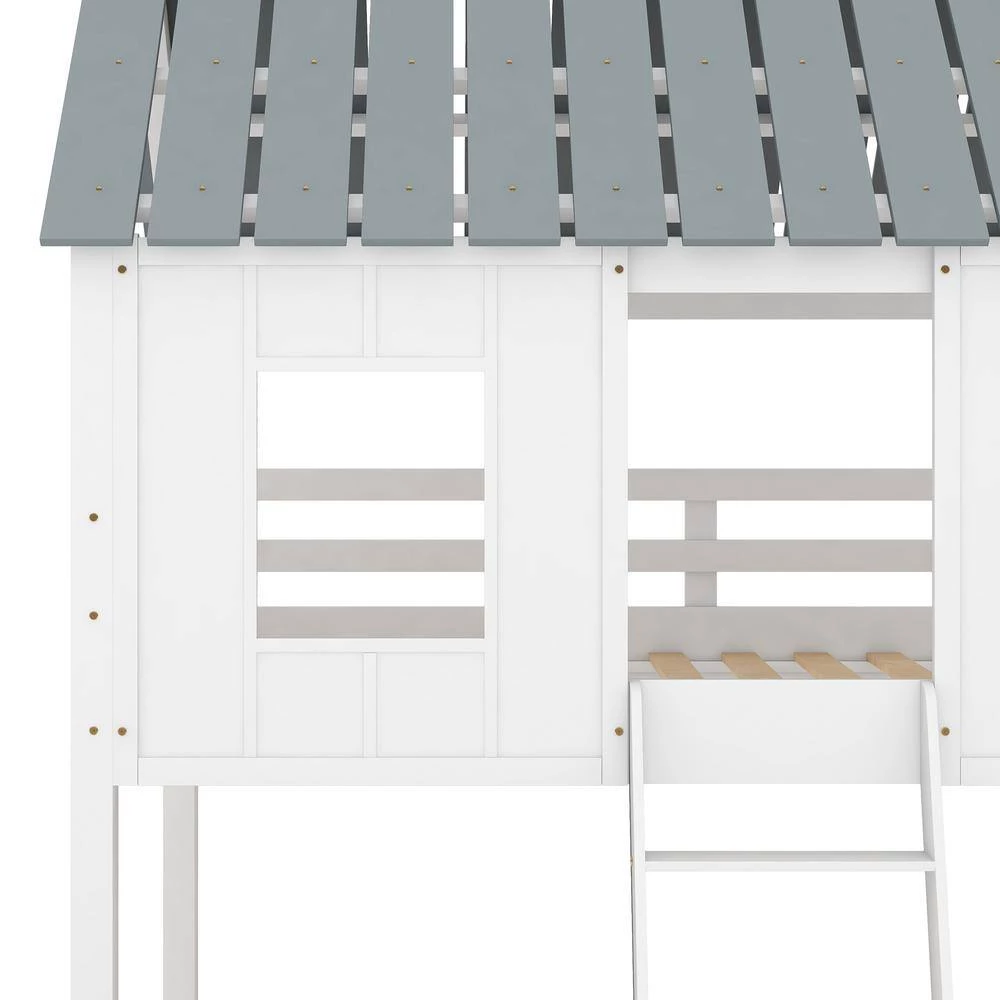 White Twin Size Low Bunk Beds with Roof and Fence-Shaped Guardrail by GODEER - Image 6