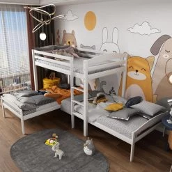 White Twin Over Twin Bed L-ShapedBunk Bed, Pine Wood Bed Frame by GODEER