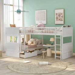 White Twin Size Bunk Bed with a Loft Bed attached, with Two Drawers by GODEER