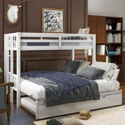 White Twin Over Pull-out Bunk Bed with Trundle by GODEER