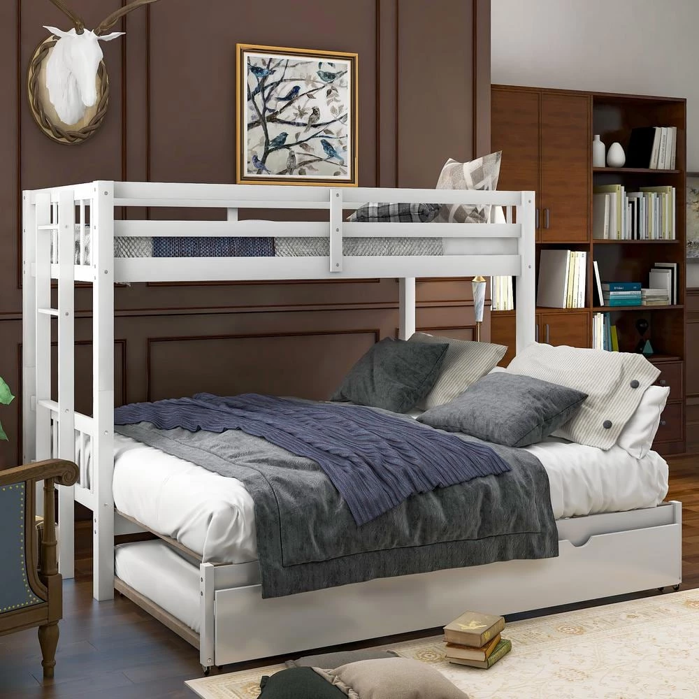 White Twin Over Pull-out Bunk Bed with Trundle by GODEER