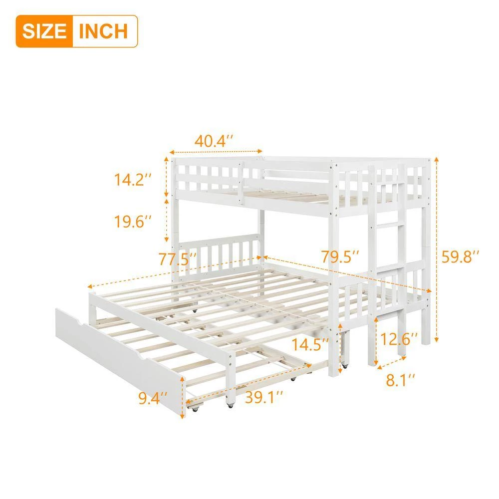 White Twin Over Pull-out Bunk Bed with Trundle by GODEER - Image 4