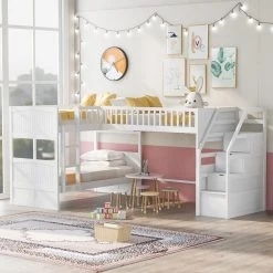 White Twin over Twin Wooden L-Shaped Bunk Bed with Ladder and Stairway by GODEER