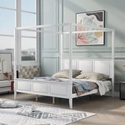 84 in. W White King Size Wood Frame Canopy Platform Bed with Headboard and Footboard and with Slat Support Leg by GODEER