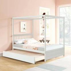 79.50 in. W White Wood Frame Full Size Canopy Bed with Twin Trundle by GODEER