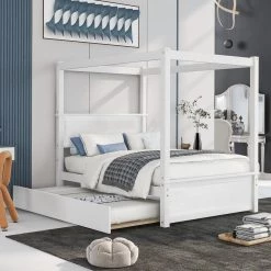 80 in. W White Full Size Canopy Platform Bed with Support Slats, Wood Canopy Bed with Trundle Bed by GODEER