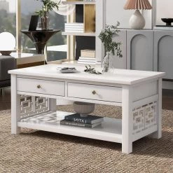 41.70 in. White Rectangle Wood Coffee Table Easy Assembly with Two Drawers for Living Room by GODEER