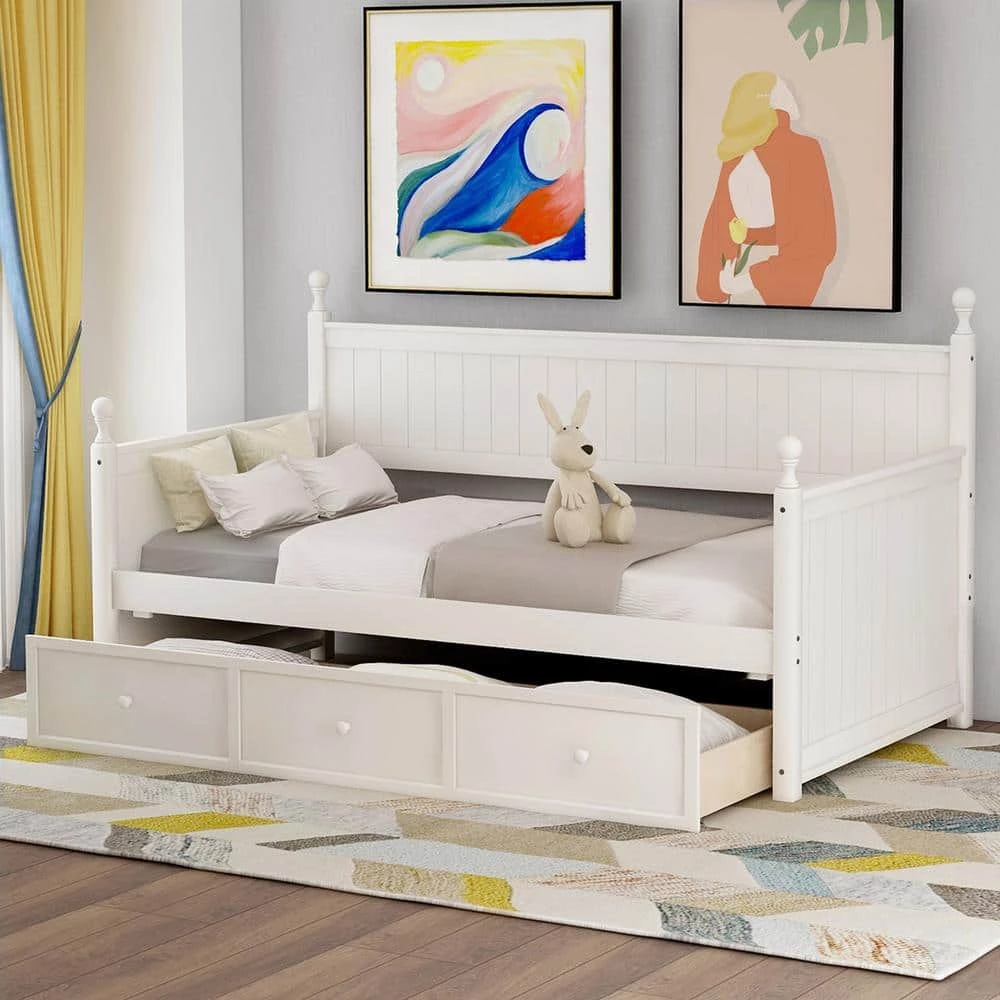 White Wood Daybed with Three Drawers, Twin Size Daybed, No Box Spring Needed by GODEER