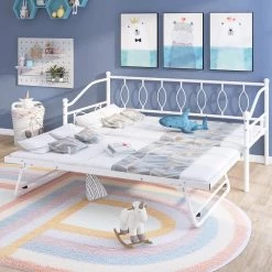White Twin Size Metal DayBed with Twin Size Adjustable Trundle, Portable Folding Trundle by GODEER
