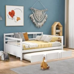 White Full Size Daybed Wood Bed with Twin Size Trundle by GODEER