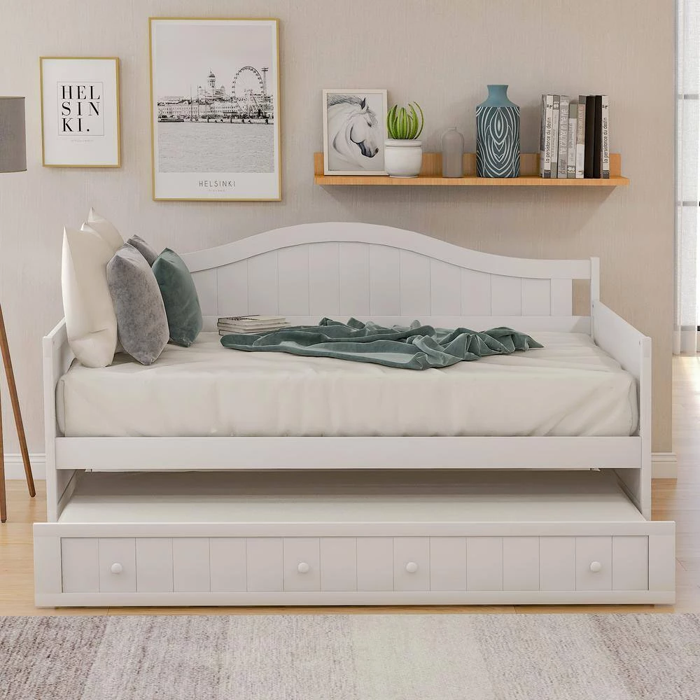 White Twin Wooden Daybed with Trundle Bed, Sofa Bed for Bedroom Living Room by GODEER - Image 14