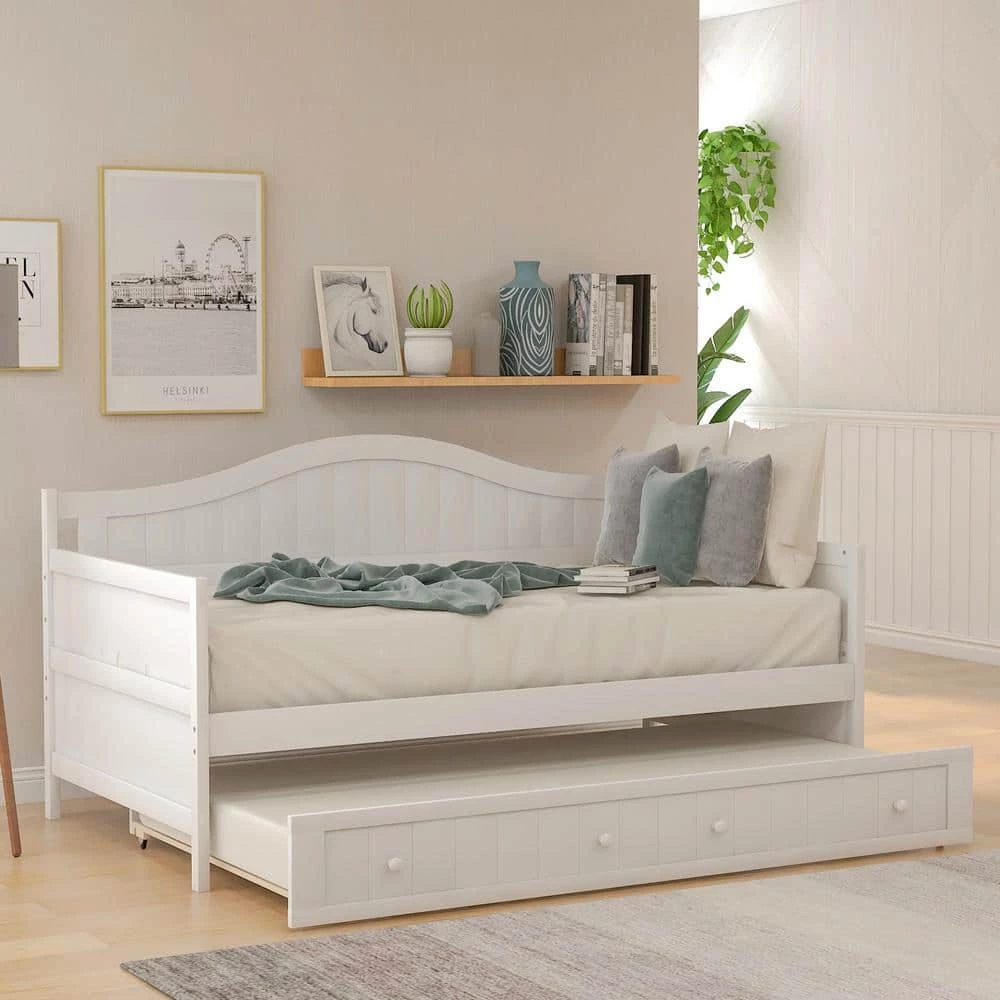 White Twin Wooden Daybed with Trundle Bed, Sofa Bed for Bedroom Living Room by GODEER
