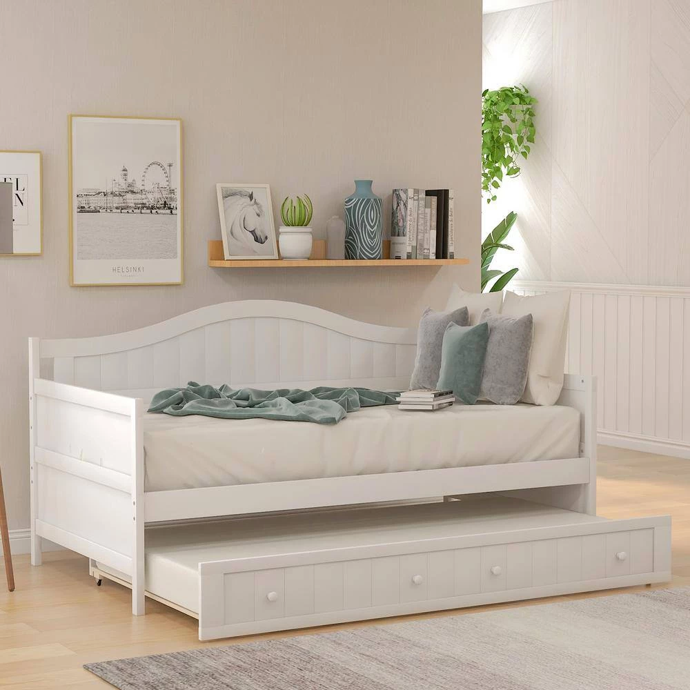 White Twin Wooden Daybed with Trundle Bed, Sofa Bed for Bedroom Living Room by GODEER - Image 2