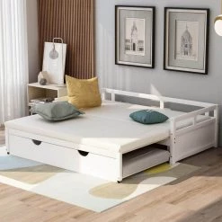 White Twin Extending Daybed with Trundle, Wooden Daybed with Trundle by GODEER