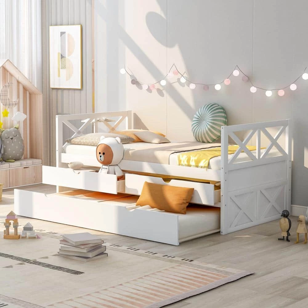 White Twin Multi-Functional Daybed with Drawers and Trundle by GODEER