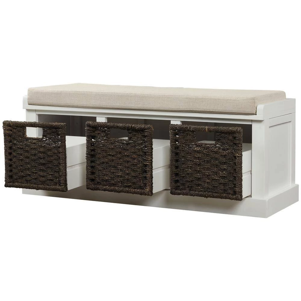 White Rustic Storage Bench with 3 Removable Classic Rattan Basket 17 in. H x 43.7 in. W x 15.7 in. by GODEER - Image 3
