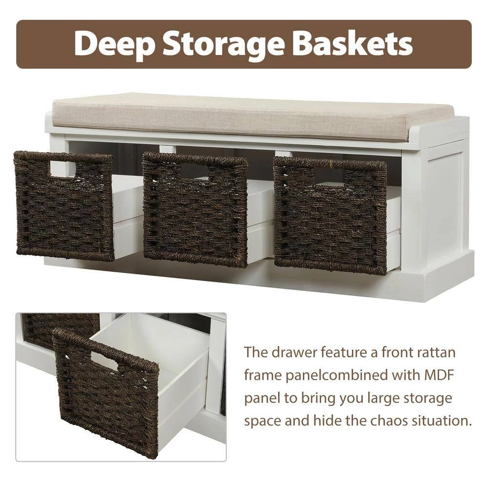 White Rustic Storage Bench with 3 Removable Classic Rattan Basket 17 in. H x 43.7 in. W x 15.7 in. by GODEER - Image 10