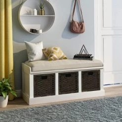 White Rustic Storage Bench with 3 Removable Classic Rattan Basket 17 in. H x 43.7 in. W x 15.7 in. by GODEER