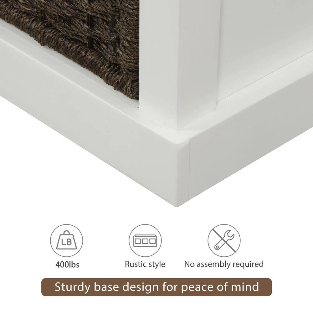 White Rustic Storage Bench with 3 Removable Classic Rattan Basket 17 in. H x 43.7 in. W x 15.7 in. by GODEER - Image 12