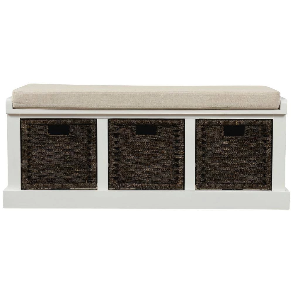 White Rustic Storage Bench with 3 Removable Classic Rattan Basket 17 in. H x 43.7 in. W x 15.7 in. by GODEER - Image 6