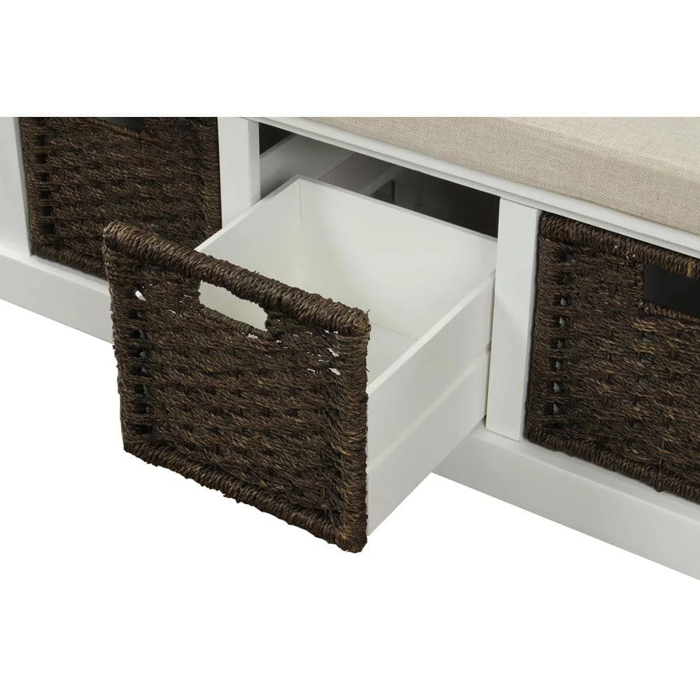 White Rustic Storage Bench with 3 Removable Classic Rattan Basket 17 in. H x 43.7 in. W x 15.7 in. by GODEER - Image 7