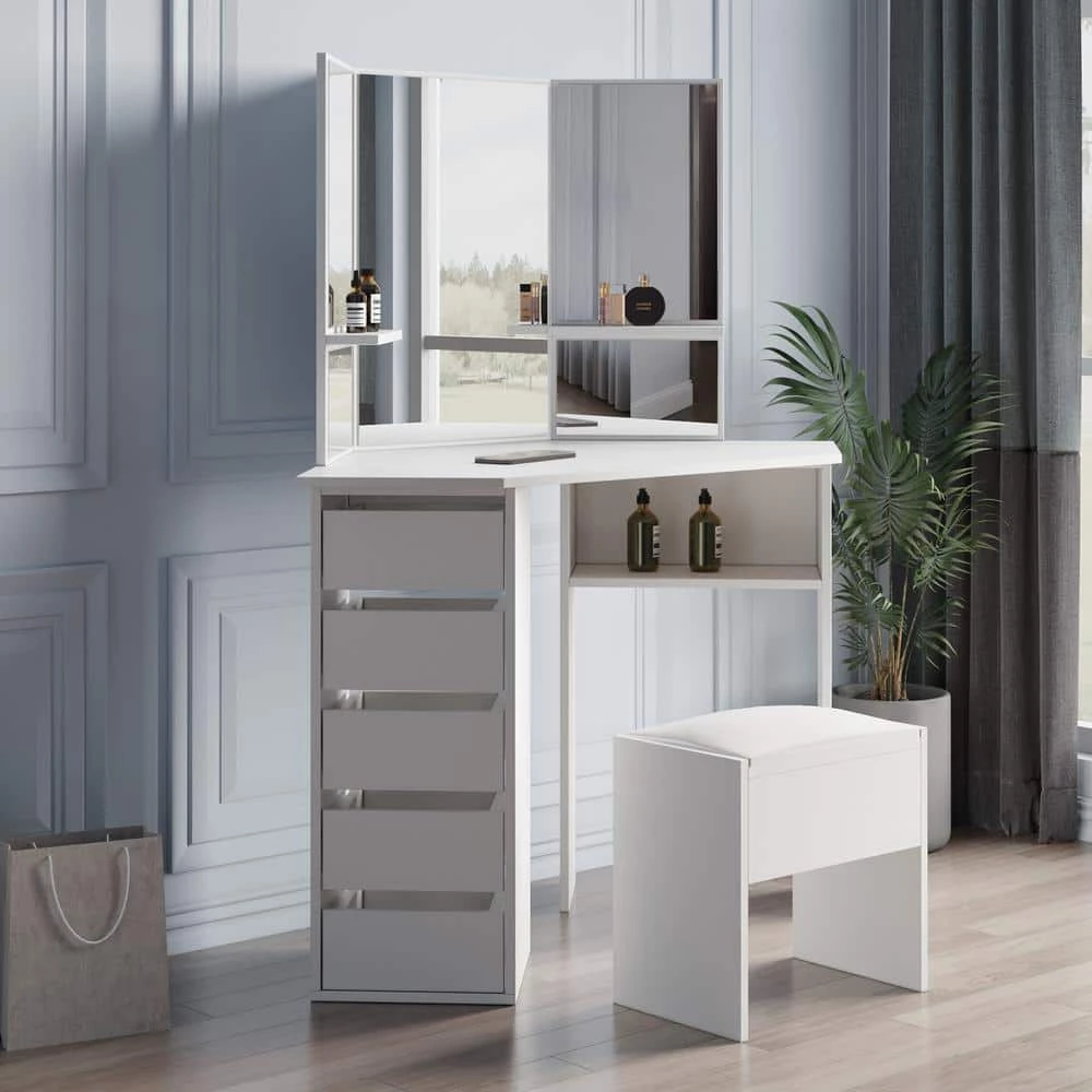5-Drawer White with 3-Fold Mirror Wooden Bedroom Vanity Table 44.88 in. x 24.02 in. x 55.12 in by GODEER - Image 10