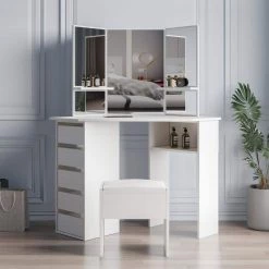 5-Drawer White with 3-Fold Mirror Wooden Bedroom Vanity Table 44.88 in. x 24.02 in. x 55.12 in by GODEER