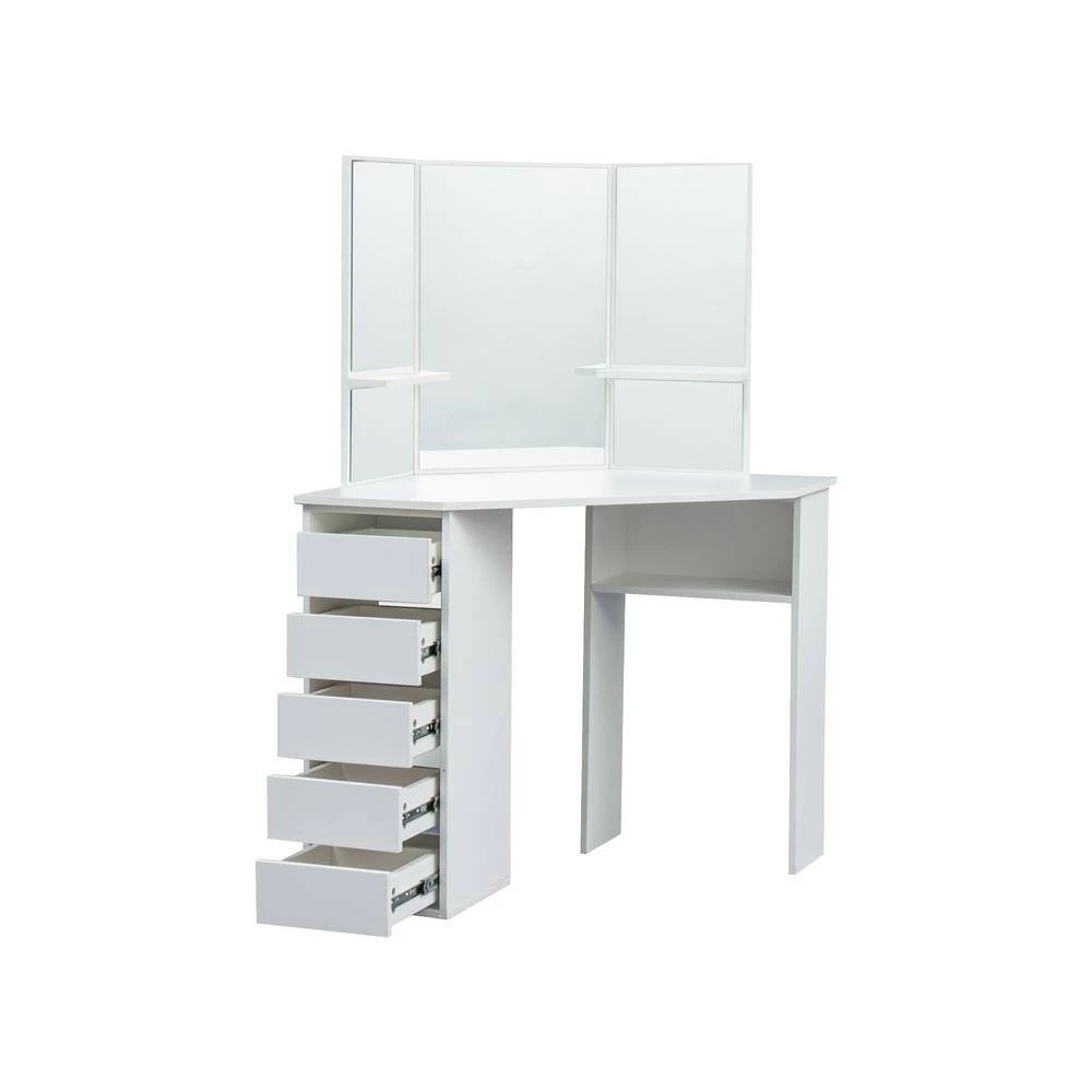 5-Drawer White with 3-Fold Mirror Wooden Bedroom Vanity Table 44.88 in. x 24.02 in. x 55.12 in by GODEER - Image 5