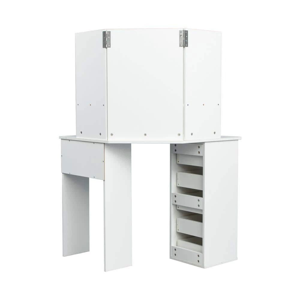 5-Drawer White with 3-Fold Mirror Wooden Bedroom Vanity Table 44.88 in. x 24.02 in. x 55.12 in by GODEER - Image 3