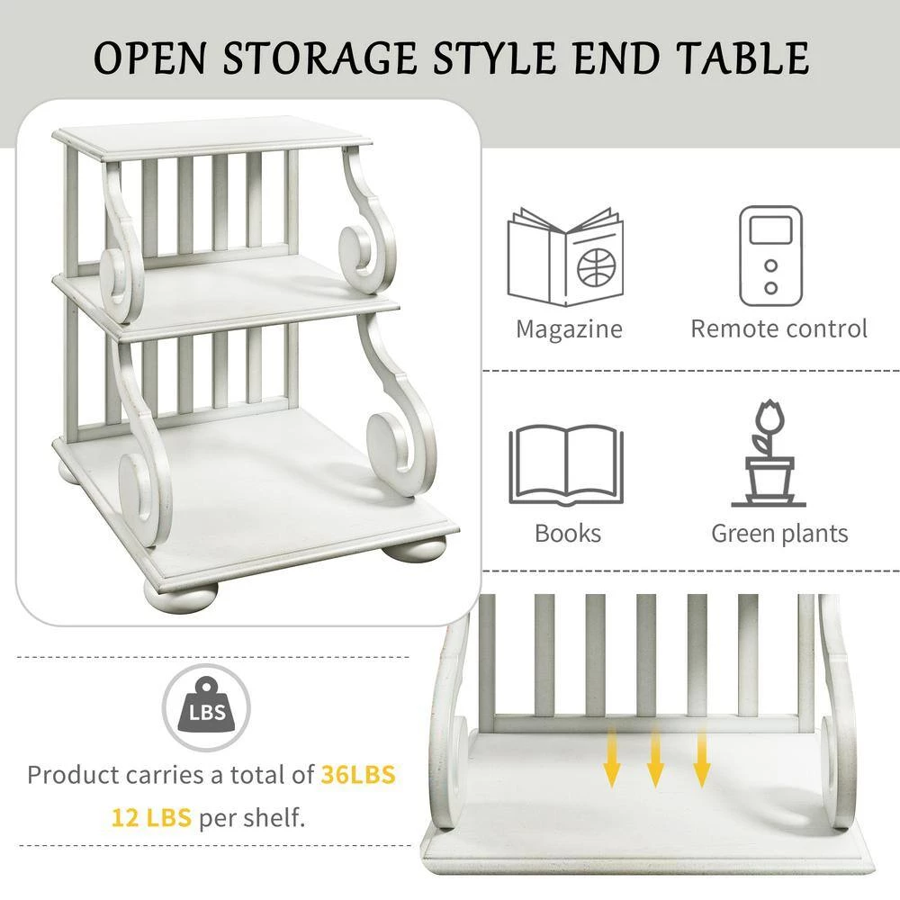 18.00 in. White Rectangle Wood End Table Open Storage Style Side Table with Elegant Legs by GODEER - Image 9