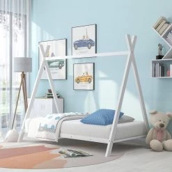 White Twin Size House Bed Tent Bed Frame Metal Floor Play House Bed with Slat for Kids Girls Boys by GODEER