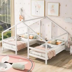 White Double Twin Size Triangular House Beds with Built-in Table by GODEER