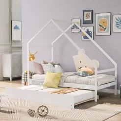 White Twin Size Wooden House Bed with Twin Size Trundle by GODEER