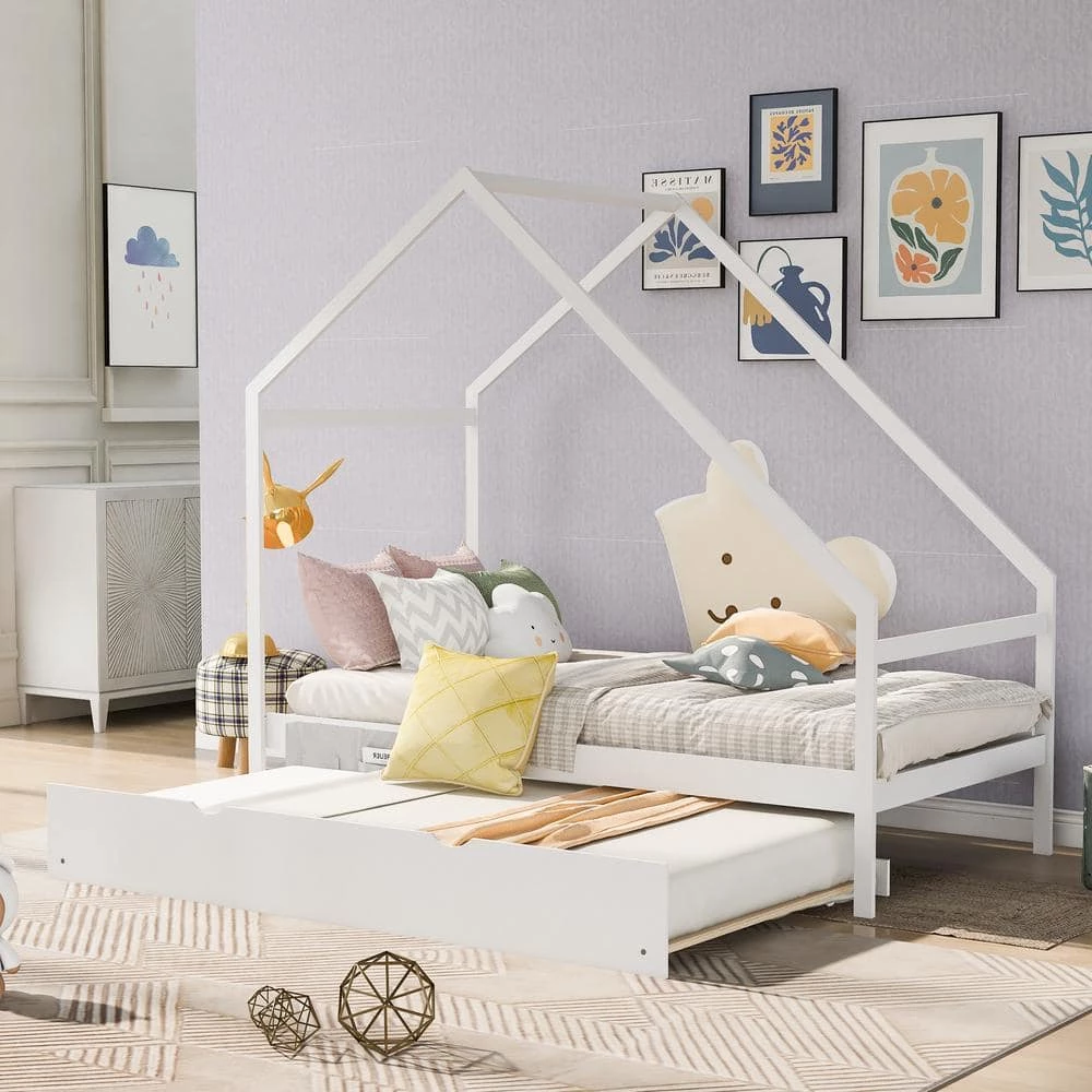 White Twin Size Wooden House Bed with Twin Size Trundle by GODEER
