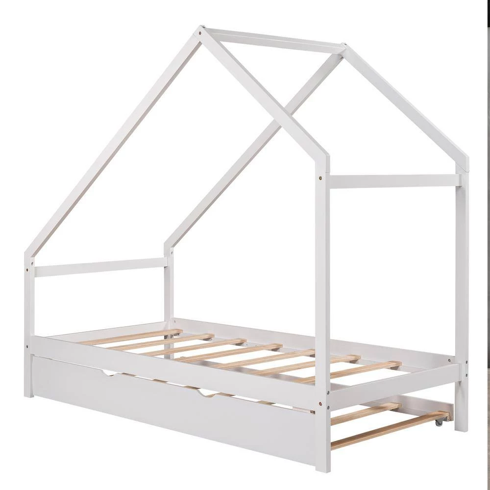White Twin Size Wooden House Bed with Twin Size Trundle by GODEER - Image 5