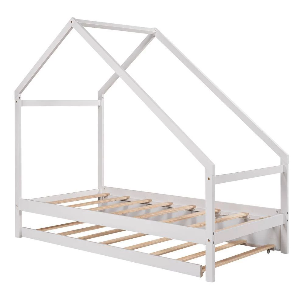 White Twin Size Wooden House Bed with Twin Size Trundle by GODEER - Image 3