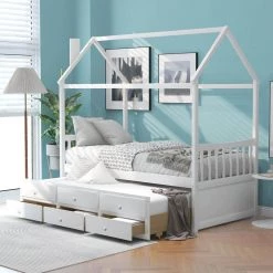 White Twin Size Wooden House Bed with Trundle and 3-Storage Drawers by GODEER