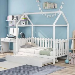 White Twin Size House Bed with Trundle, Fence-shaped Guardrail by GODEER