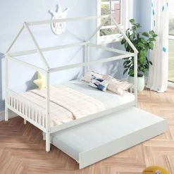 White Full Size House Bed with Twin Trundle by GODEER