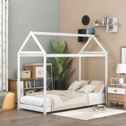 White Twin Size Wooden House Bed by GODEER