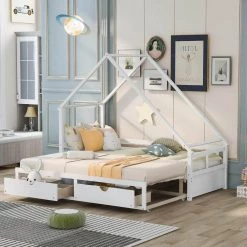 White Extending Daybed with Two Drawers, Wooden House Bed with Drawers by GODEER