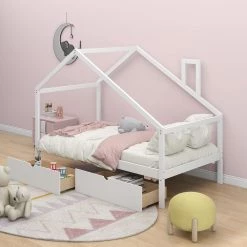 White Twin Size Daybed with 2-Pull-out Drawers and Roof, House. Bed Frame for Kids by GODEER