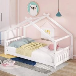 White Twin Size House Bed Wood Bed by GODEER