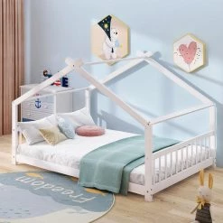 White Full Size House Bed Wood Bed by GODEER