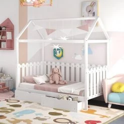 White Twin Size House Bed with Drawers Fence Shaped Guardrail by GODEER