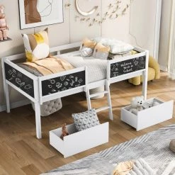 White Twin Size Low Loft Bed with 2-Drawers with Decorative Guardrail Chalkboard by GODEER