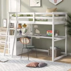 White Twin Size Loft Bed with Desk and Shelves, 2 Built-in Drawers by GODEER