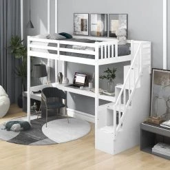 White Twin Size Loft Bed with Staircase and Built in Desk by GODEER