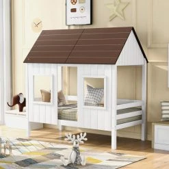 White Twin Size Low Loft Wood House Bed with Two Front Windows by GODEER